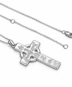 Silver Celtic cross necklace engraved with seven Ring of Kerry symbols and silver chain