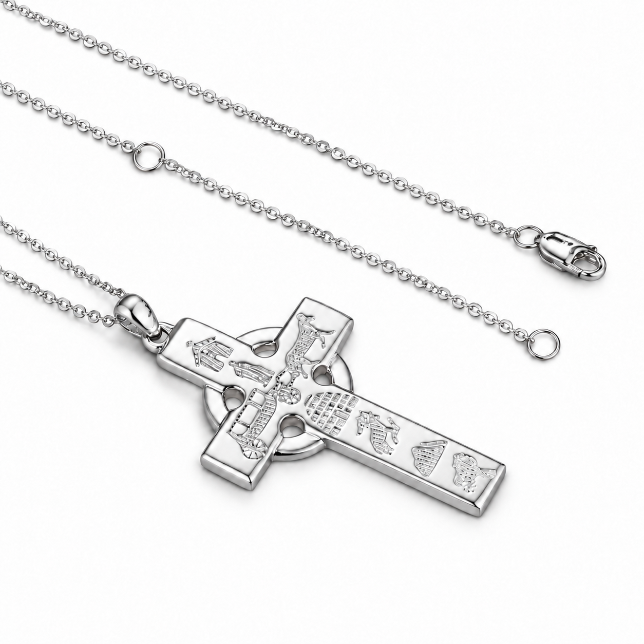 Silver Celtic cross necklace engraved with seven Ring of Kerry symbols and silver chain