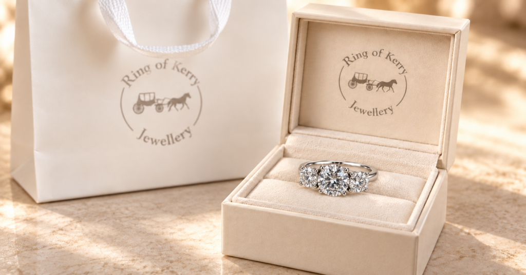 Bespoke platinum diamond ring presented in a Ring of Kerry Jewellery box