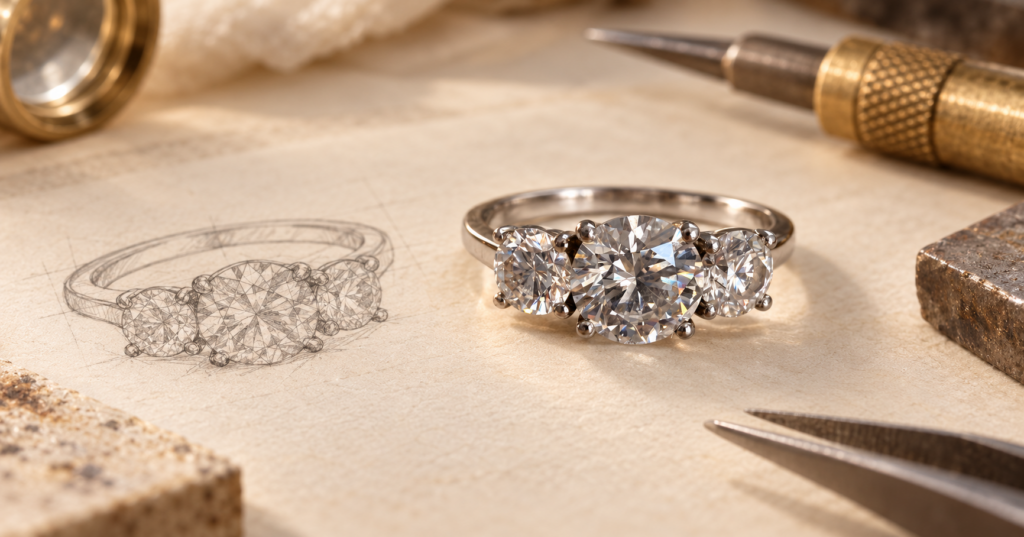 Bespoke platinum diamond ring being handcrafted in the workshop
