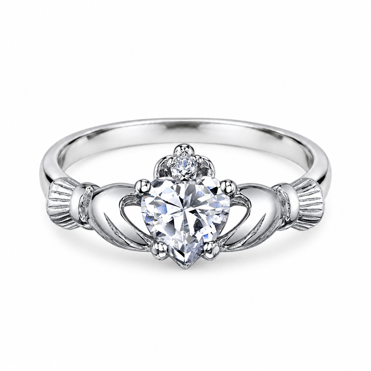 Lab Grown Diamond Claddagh Ring flat view in 925 sterling silver