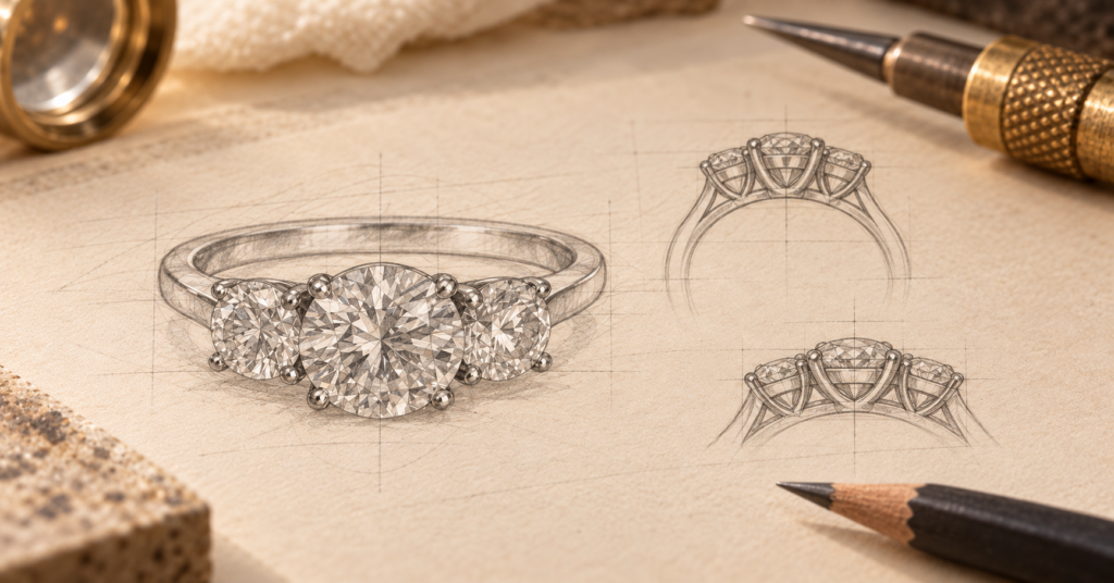 Irish jewellery and bespoke diamond ring design concept with sketches