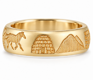 ROK 14K gold ring showing the Kerry beehive huts motif beside Skellig Michael