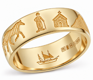 14K gold Ring of Kerry band showing Charlie Chaplin with his bowler hat and cane beside the horse and church motifs