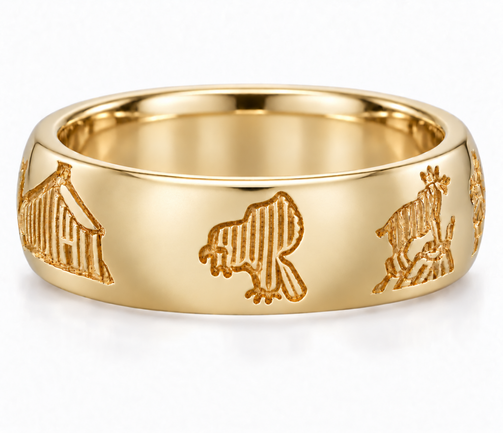 14K gold Ring of Kerry band showing the white-tailed eagle symbol between the church and King Puck